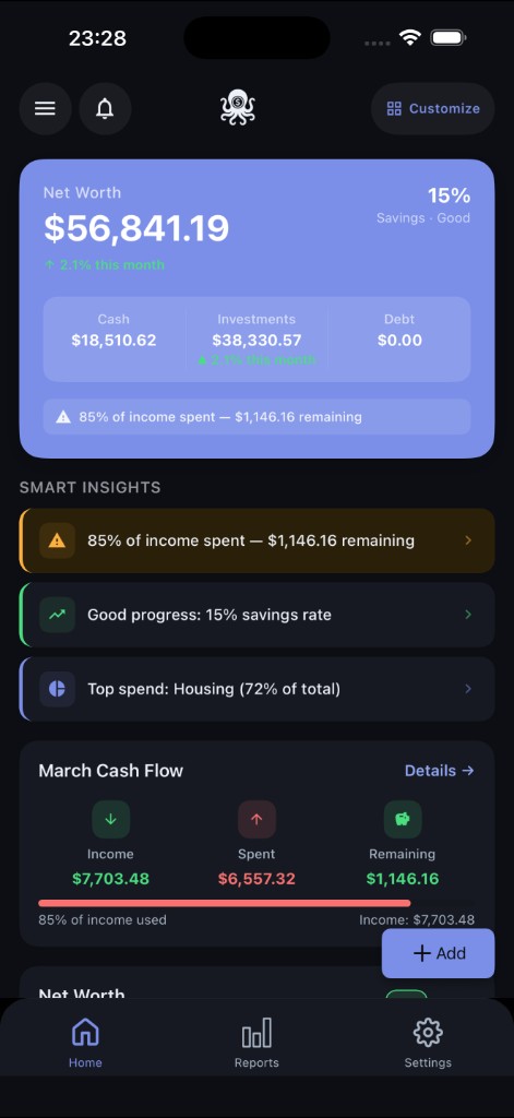 OctoWealth home dashboard with net worth, smart insights, and cash flow